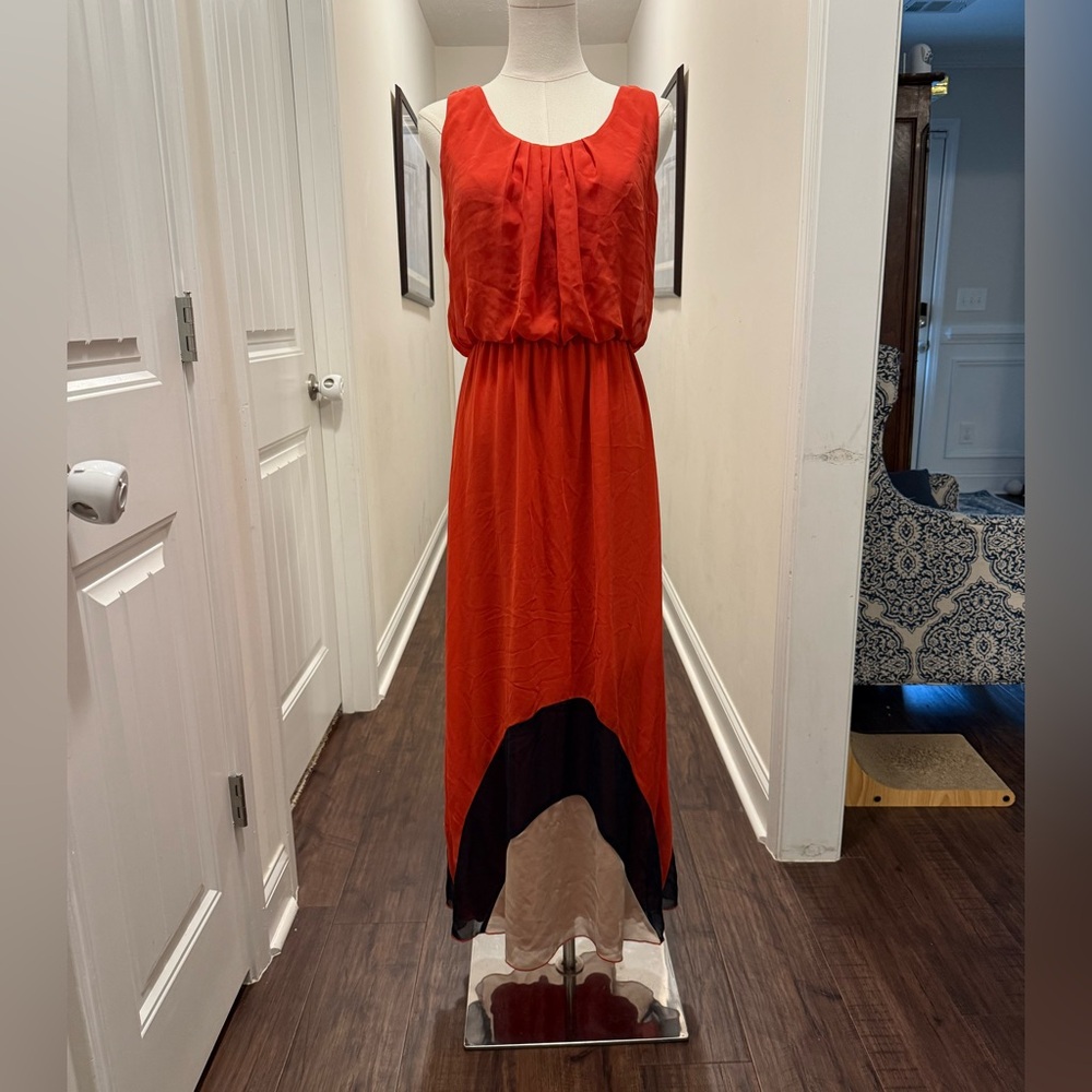 Enfocus Studio Vibrant Orange Dress with Navy and Cream Accents